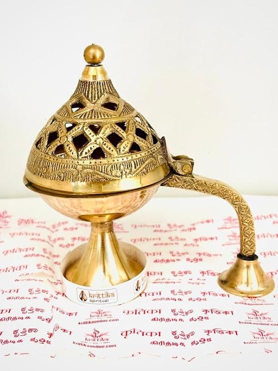 Brass Metal Dhoop Incense Burner and Gangajal Ittar Gulab Jal Sprinkler Bottle - Image 5