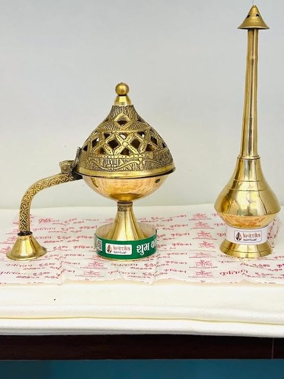 Brass Metal Dhoop Incense Burner and Gangajal Ittar Gulab Jal Sprinkler Bottle - Image 6
