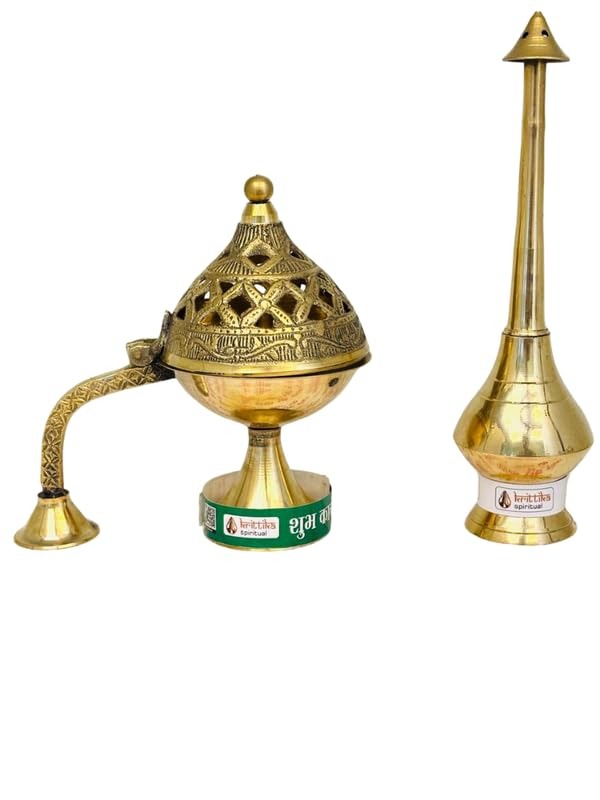 Brass Metal Dhoop Incense Burner and Gangajal Ittar Gulab Jal Sprinkler Bottle