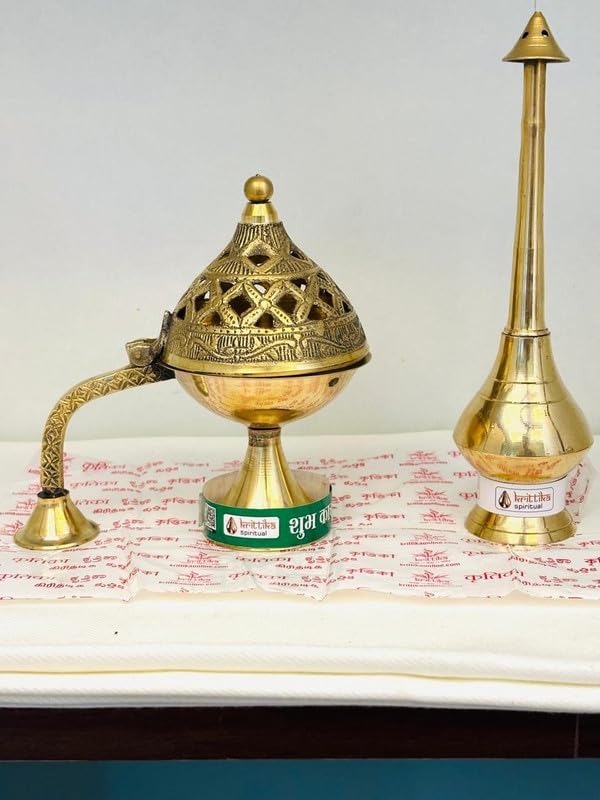 Brass Metal Dhoop Incense Burner and Gangajal Ittar Gulab Jal Sprinkler Bottle - Image 9